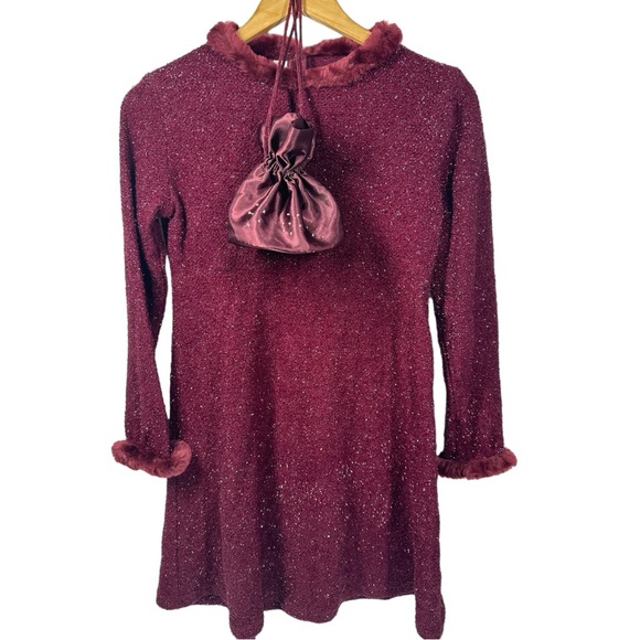 American Girl Other - American Girl Holiday Dress & Purse Burgundy Sparkle Fur Trim Midi Big Girl 16
